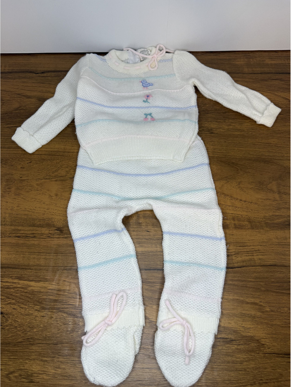 Vintage Neon Baby Knit Sweater & Footed Pants Set Bird & Cherry Embroidered